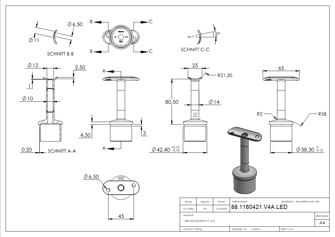 Rohrabschlussstopfen V4A fuer Rohr Ø 42-4 mm Stift Ø 14 mm fuer LED Handlauf-88-1160421-V4A.LED