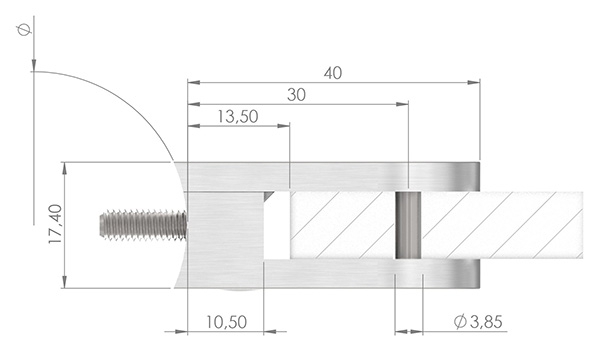 Glasklemme 40x28x17-4 mm Ø 33-7 mm- fuer 6-0 mm ESG Glas-10-MODELL16-3.5