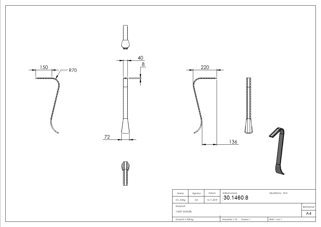 Handlauf-Endstueck 40x8 mm Kanten gehaemmert Stahl S235JR passt zu Ø 30-1370-8-30-1460.8