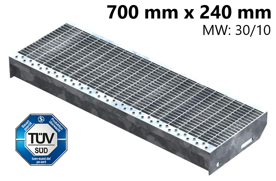 Gitterroststufe Treppenstufe Masse- 700x240 mm 30-10 mm S235JR -St37-2- im Vollbad feuerverzinkt-40-702431.7