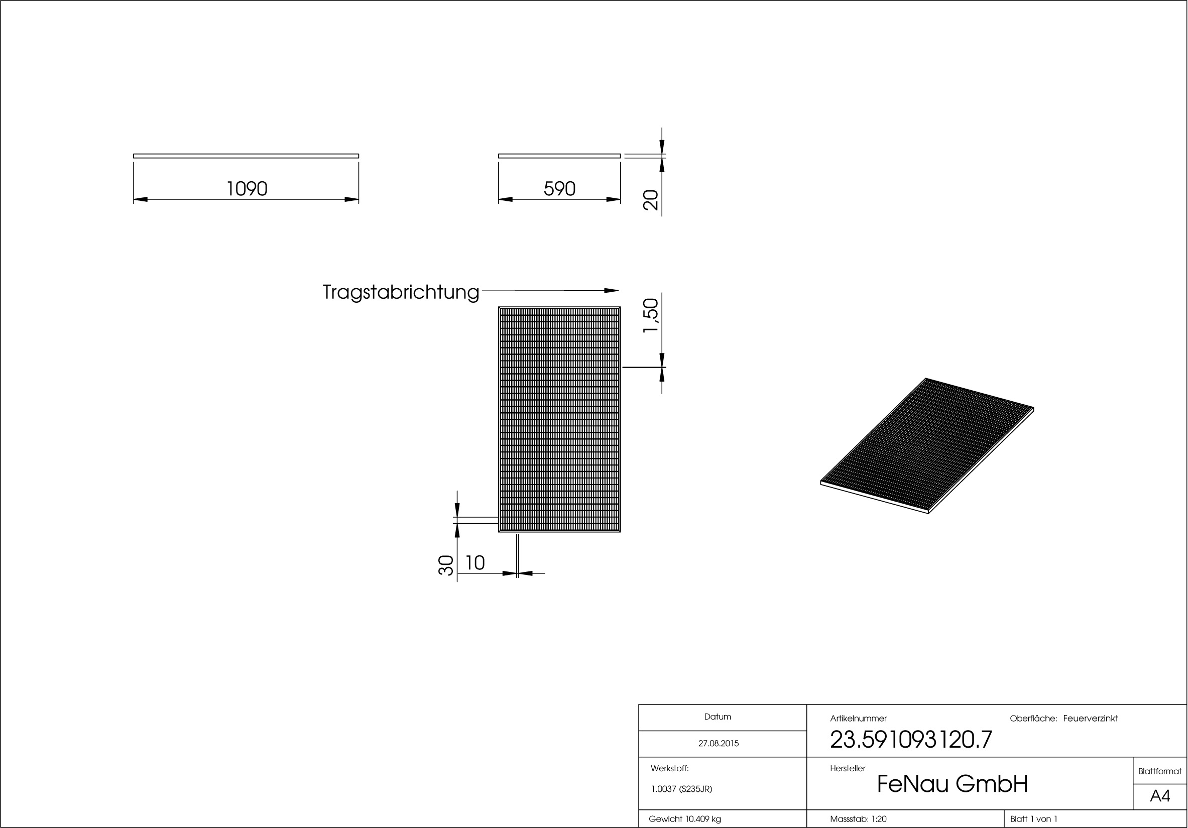 Lichtschachtrost Baunormrost - Masse-  590x1090x20 mm 30-10 mm - aus S235JR -St37-2- im Vollbad feuerverzinkt-23-591093120.7