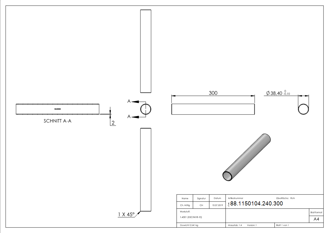 Rohrverbinder V2A Ø 42-4x2-0 mm L 300 mm ohne Mittelsteg-88-1150104-240.300