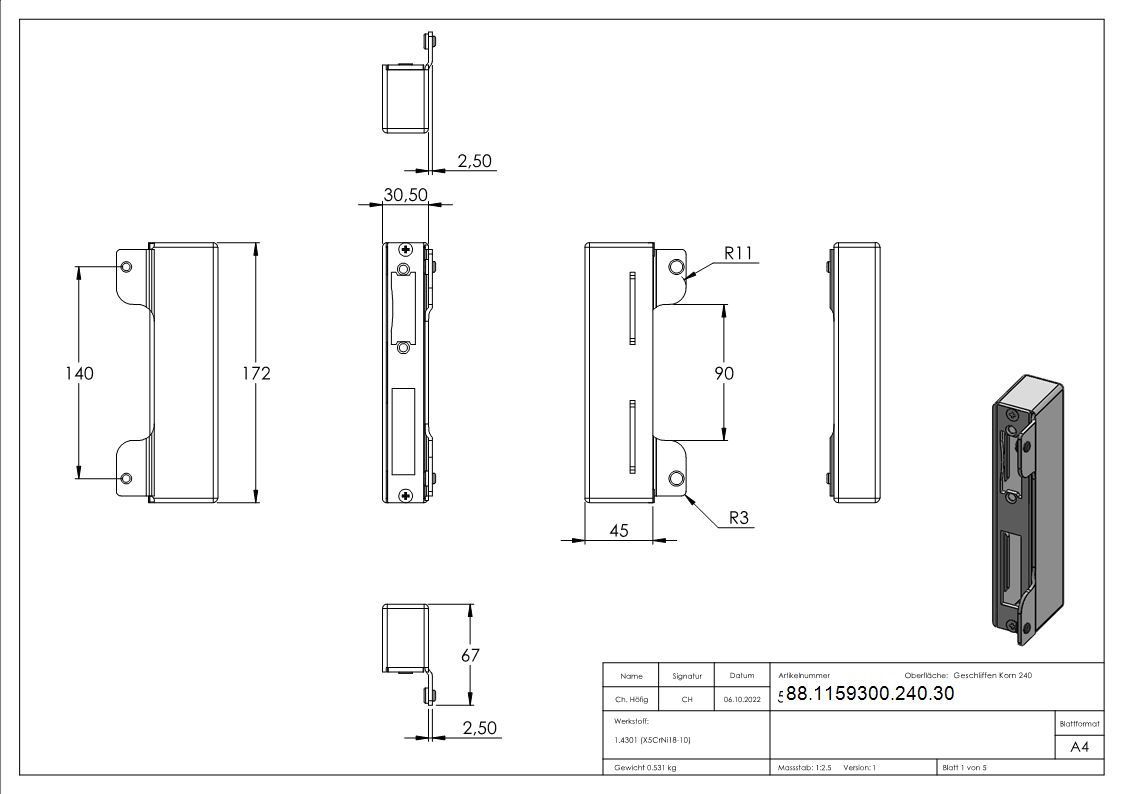 Gegenkasten Edelstahl V2A fuer Schlosskasten 30 mm- Abstand 72 mm- zum Anschweissen- eckig-88-1159300-240.30