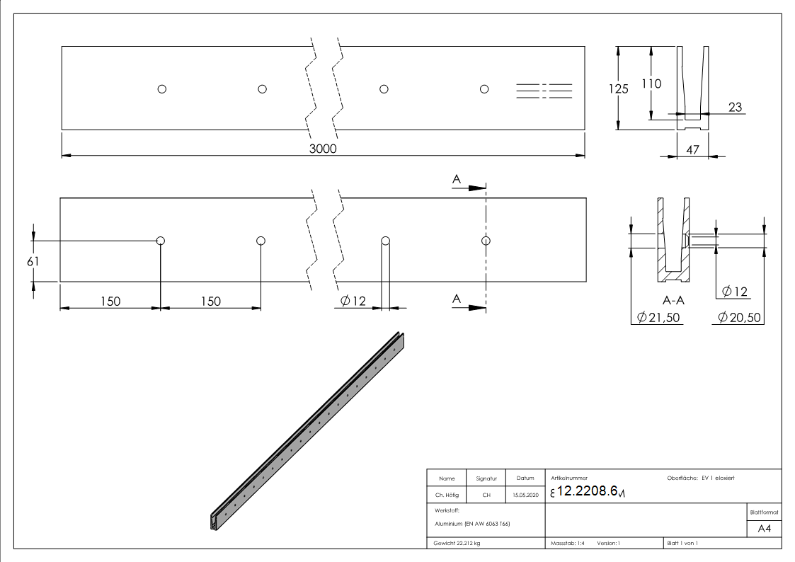 Alu-Profil - MASSIV - Laenge- 3000 mm - seitliche Montage - Aluminium-12-2208.6