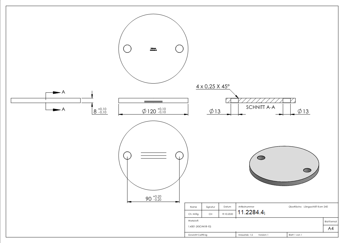 Ankerplatte Masse- 120x8 mm Laengsschliff V2A-11-2284.4