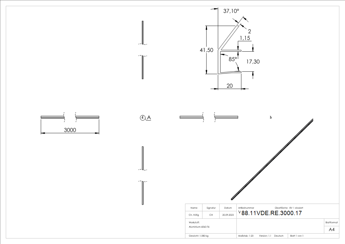 Regenrinne fuer Vordaecher- Glas 17-52mm- L=3000mm- E4-EV1-88-11VDE-RE-3000.17