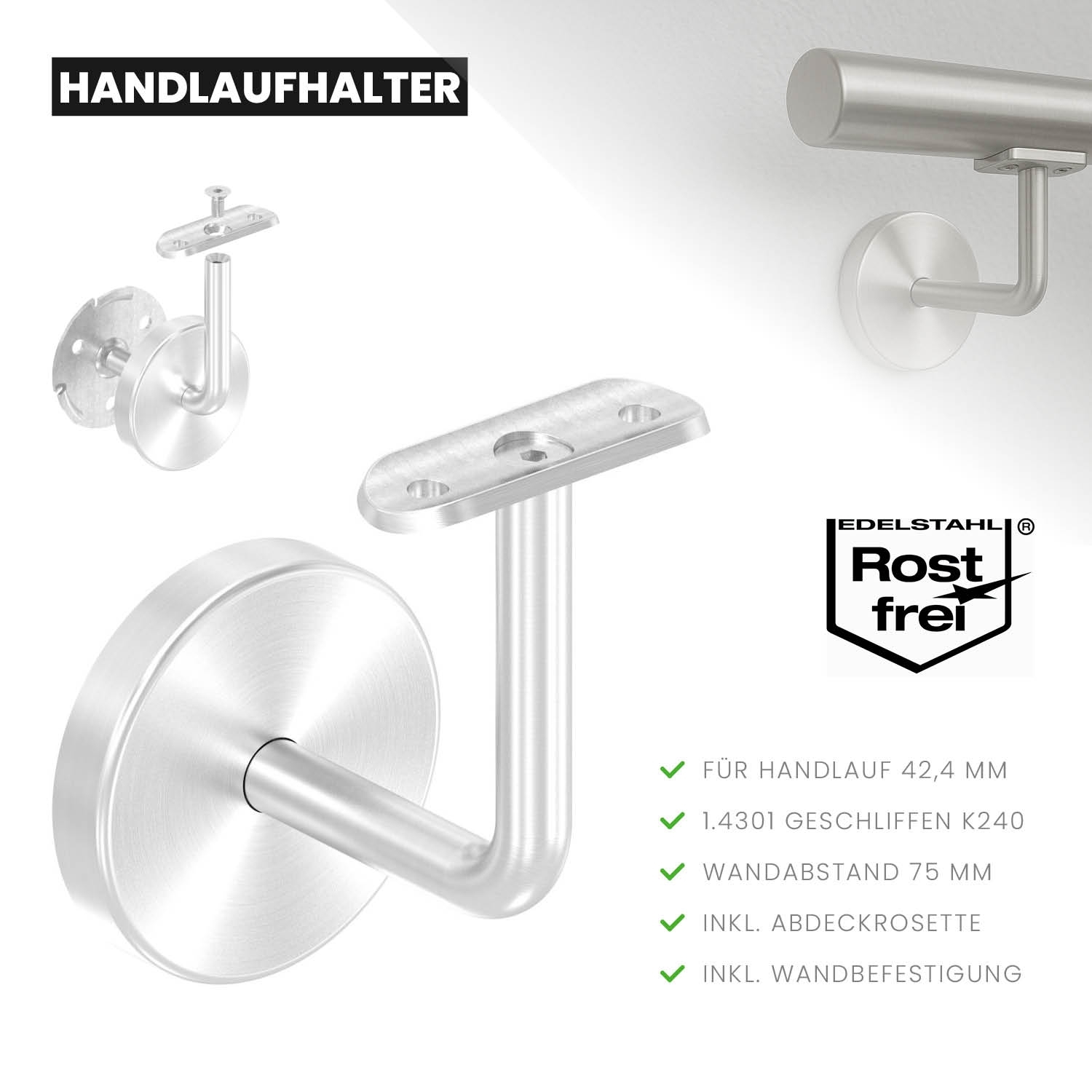 Wandhandlaufhalter V2A fuer D42-4 mm geschliffen mit Rosette-11-2081-A.4