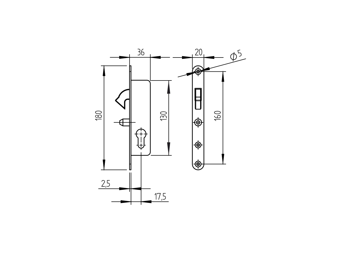 Schiebetorschloss Stahl verzinkt fr Profil 35x20 mm ohne Zylinder-89-11H3620A-A.4