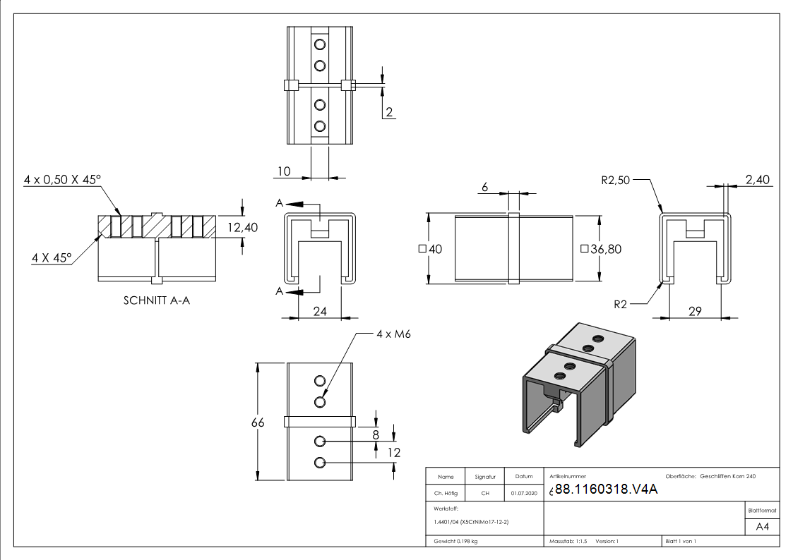 Rohrverbinder fuer Quadratnutrohr 40 x 40mm- V4A-88-1160318.V4A