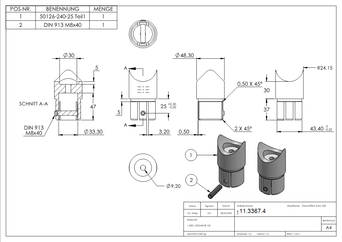 Anschlussstueck 90° fuer Rundrohr Ø 48-3x2-6 mm V2A-11-3367.4