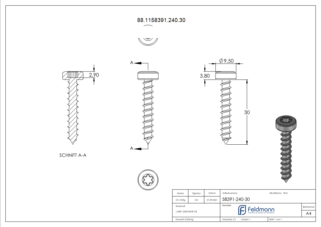 Flachkopf-Holzschraube V2A 5x30 mm mit Torxantrieb T20-88-1158391-240.30
