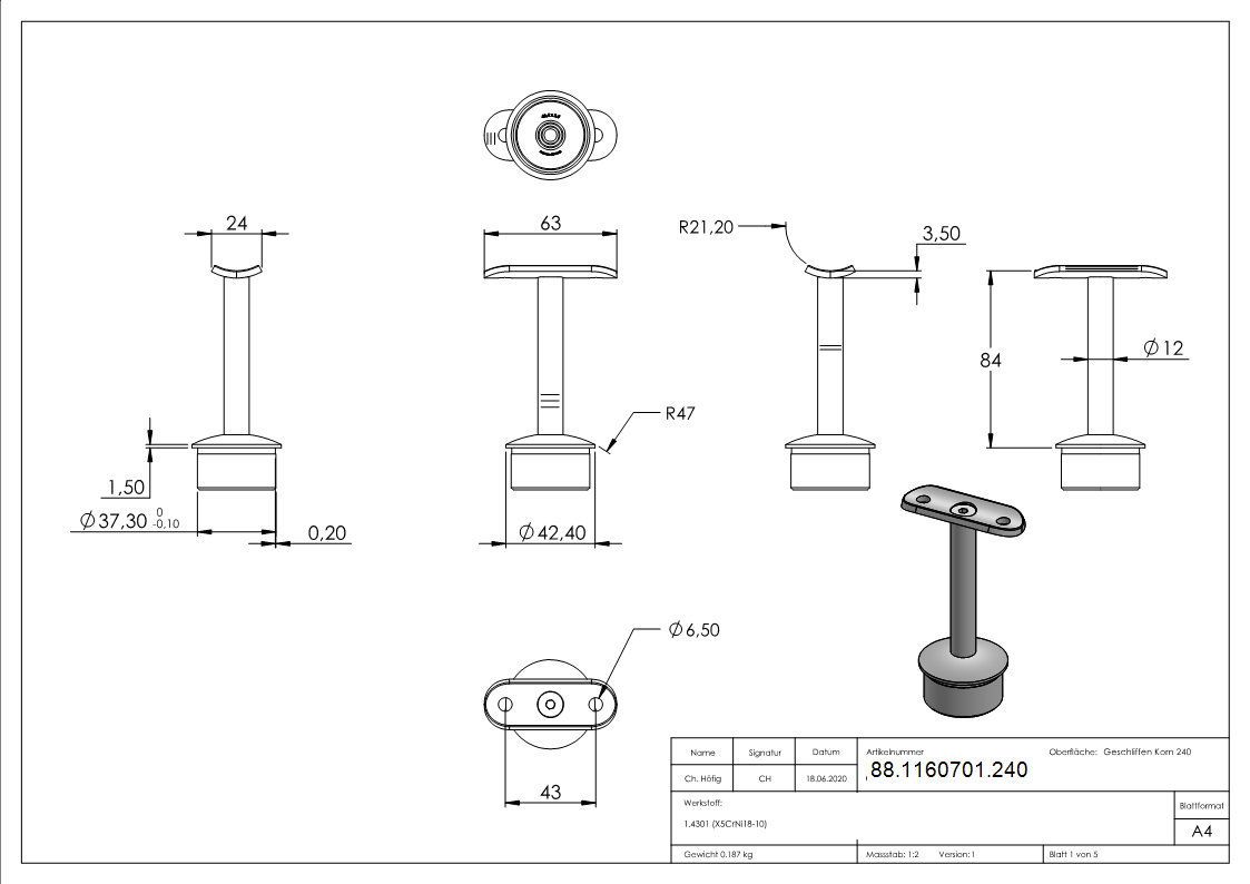 Rohrabschlussstopfen mit Handlaufplatte Edelstahl V2A fuer Rohr Ø 42-4x2-5 mm-88-1160701.240