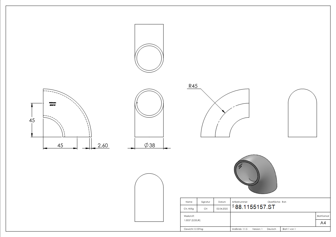 Rohrbogen 90° Stahl roh - 38 x 2-6 mm -Metrisch- - Bauart 3-88-1155157.ST