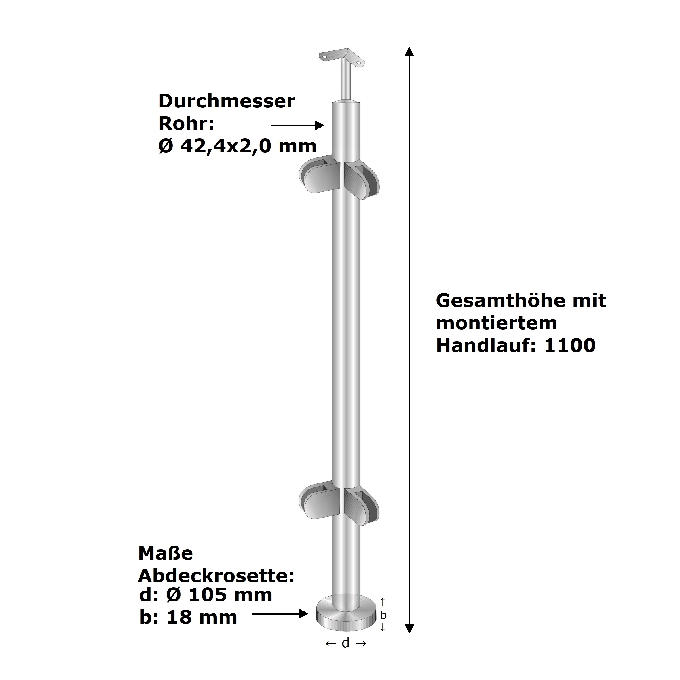 Glasgelaenderpfosten V2A Ø 42-4 mm 1100 mm geschliffen Glashalter Topmontage-14-0046RG-A.4