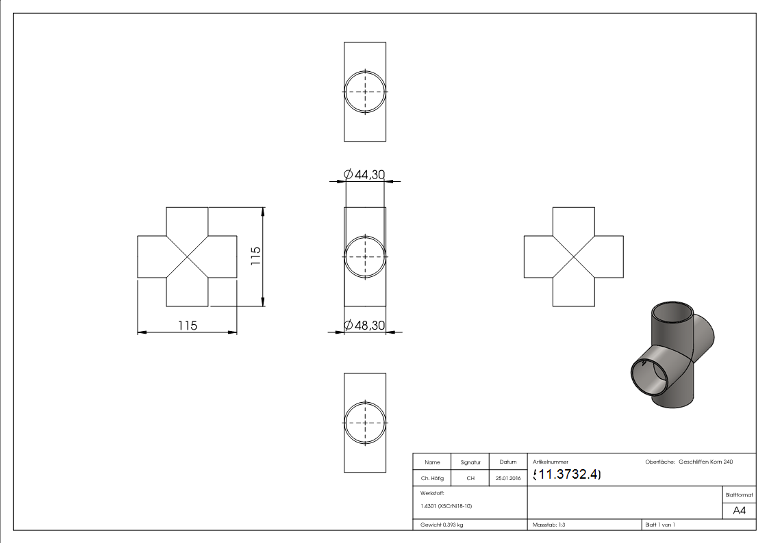 Kreuzstueck zum Schweissen fuer Rundrohr- Ø 48-3 mm V2A-11-3732.4
