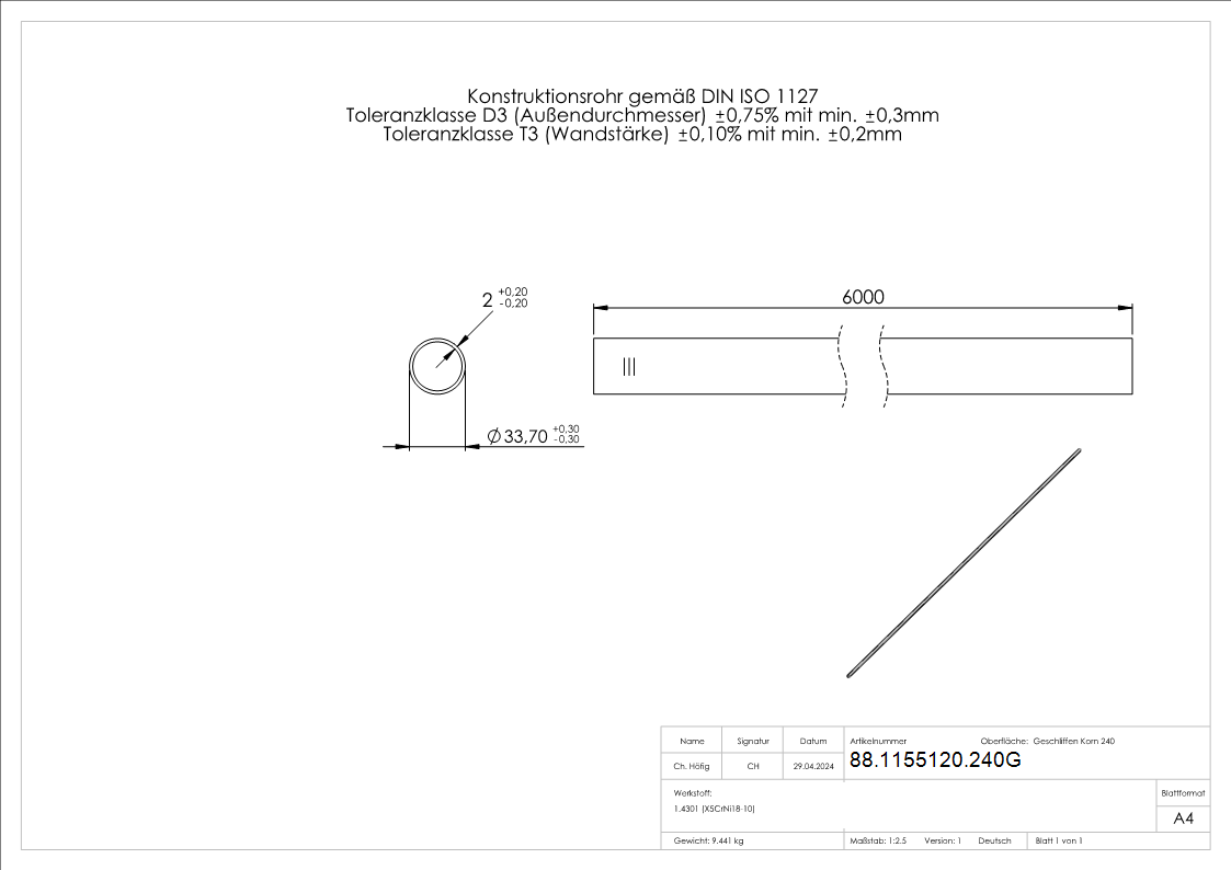 Edelstahlrohr geglueht- 33-7 x 2-0mm- Laenge- 6000mm Edelstahl-88-1155120.240G