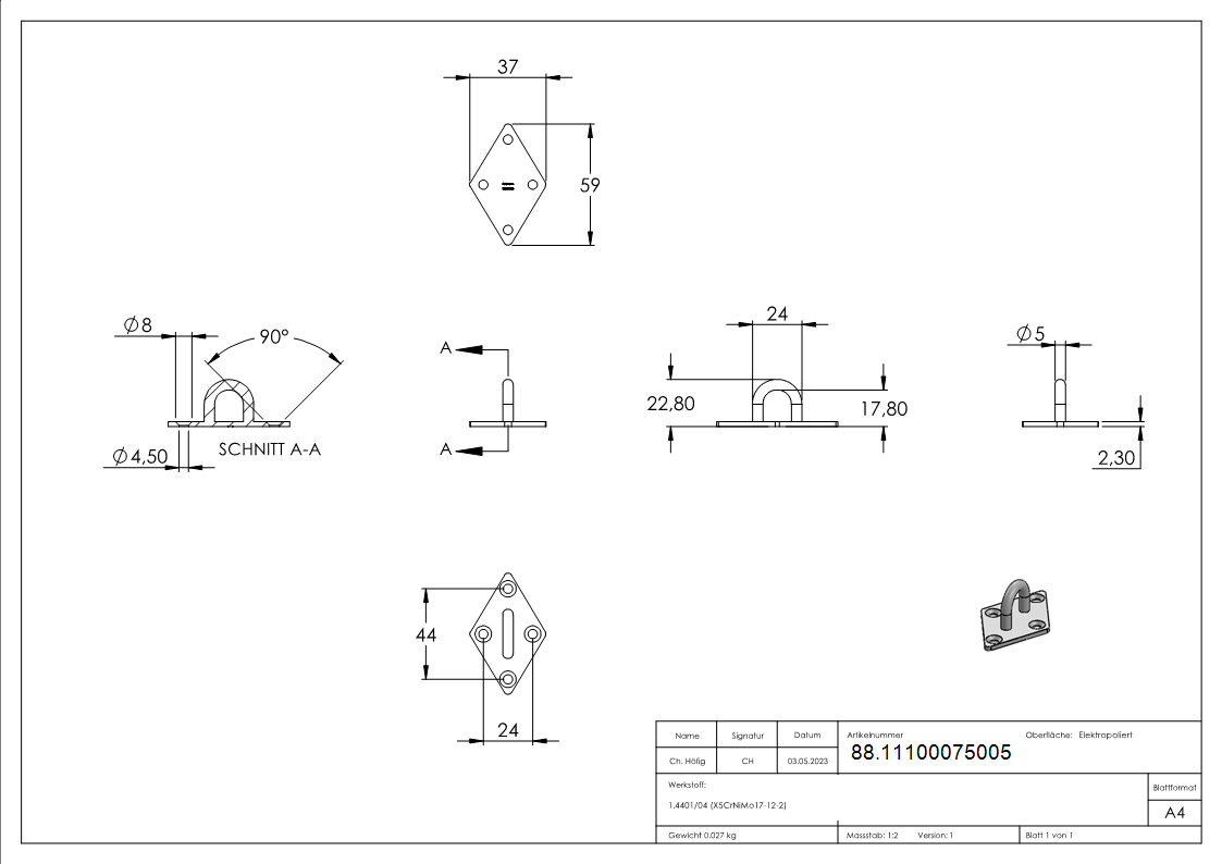 Befestigungsoese Edelstahl V4A Rundeisen Ø 5 mm quadratische Platte 4 Bohrungen-88.11100075005