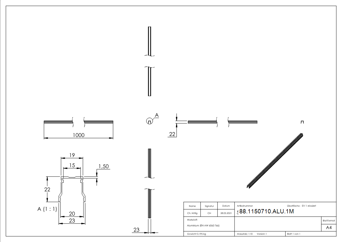Aluminiumprofil fuer LED-Handlauf- Laenge 1m-88-1150710-ALU.1M