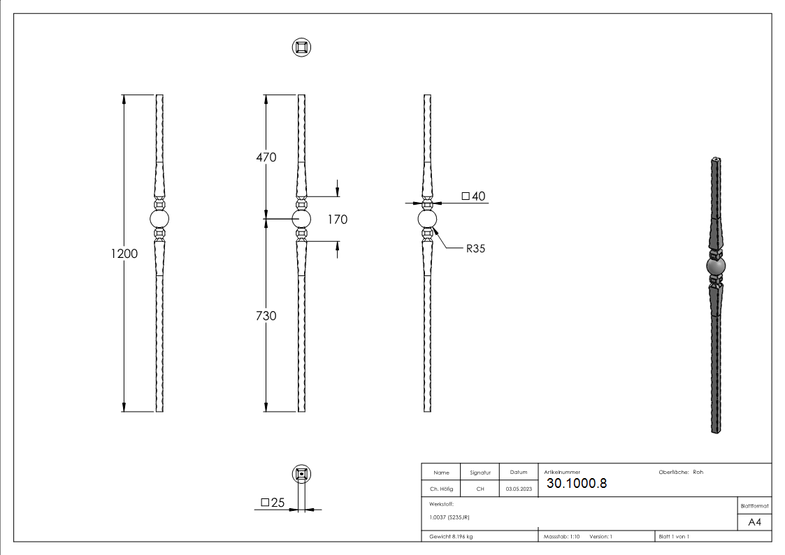 Anfangsstab Laenge- 1200 mm Material- 25x25 mm Stahl S235JR- roh-30-1000.8