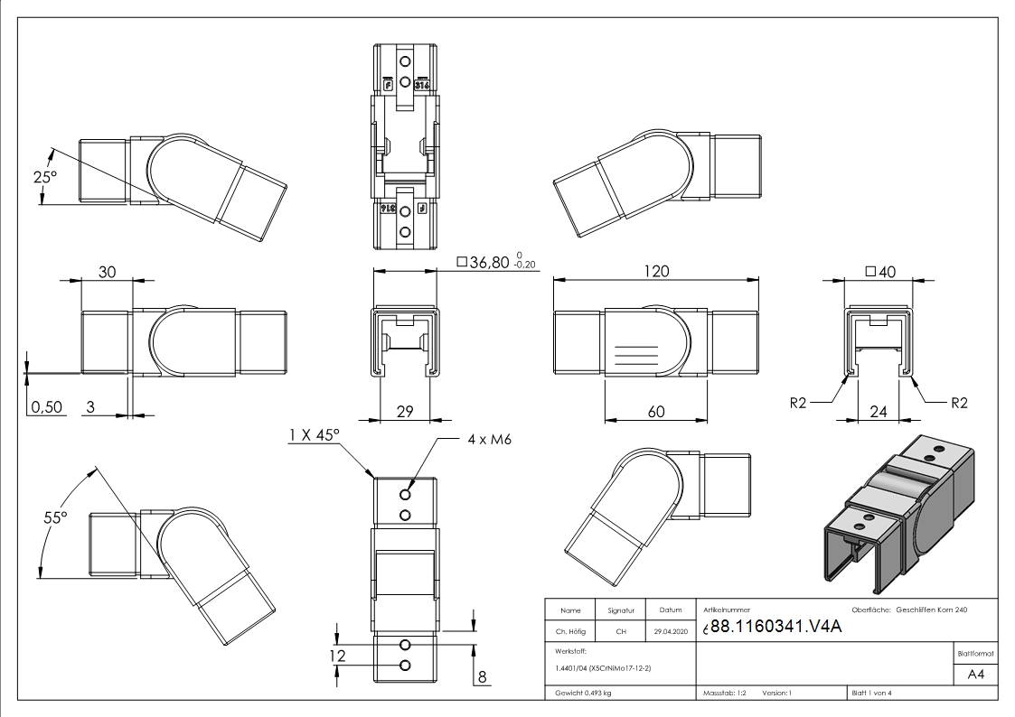 flex- Verbinder- Nutrohr 40x40mm- abwaerts 25-55°-88-1160341.V4A