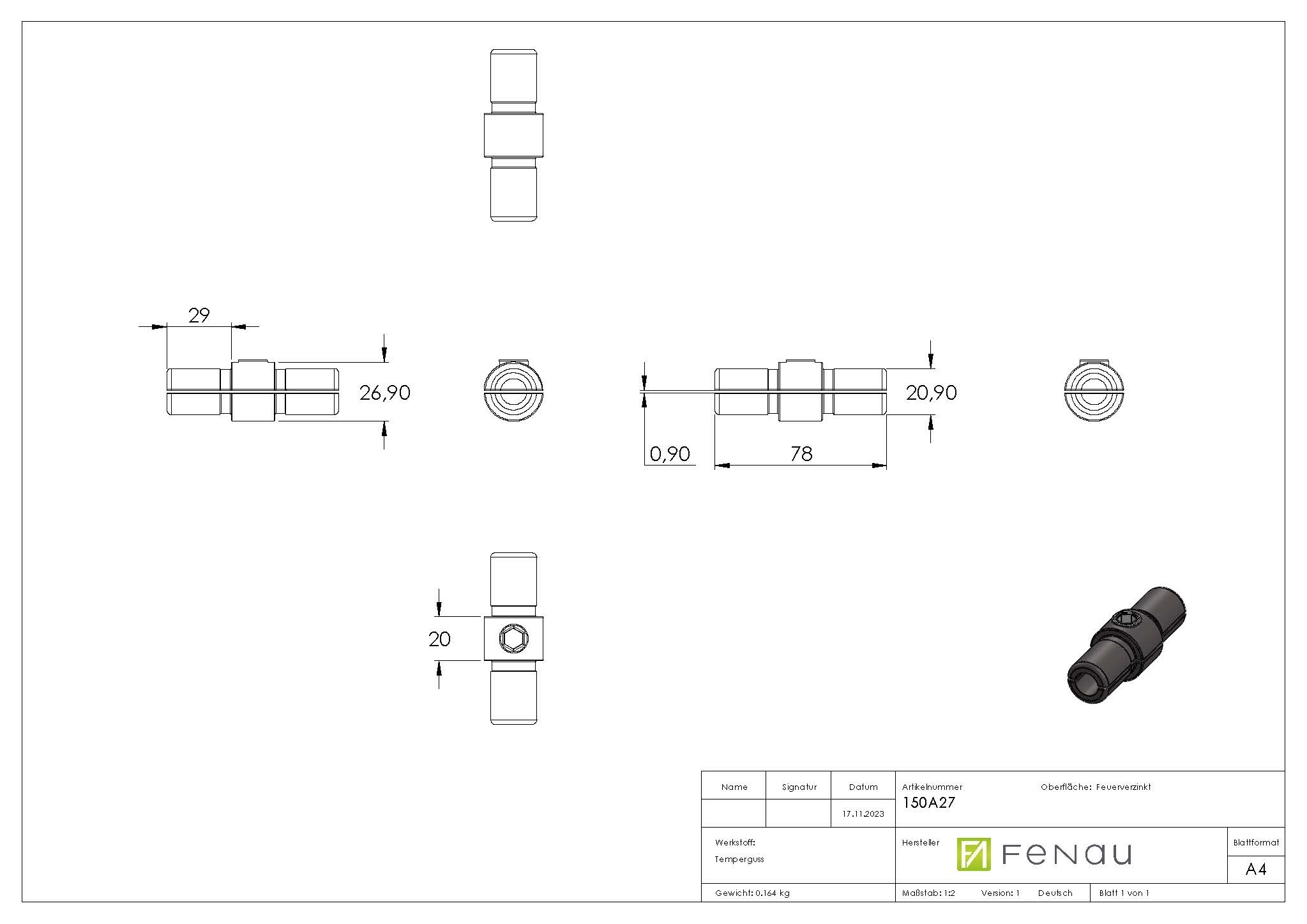 Rohrverbinder - Verbindungsstueck innen - 150A27 - 26-9 mm - 3-4- - Feuerverzinkt u. Elektrogalvanisiert-150A27