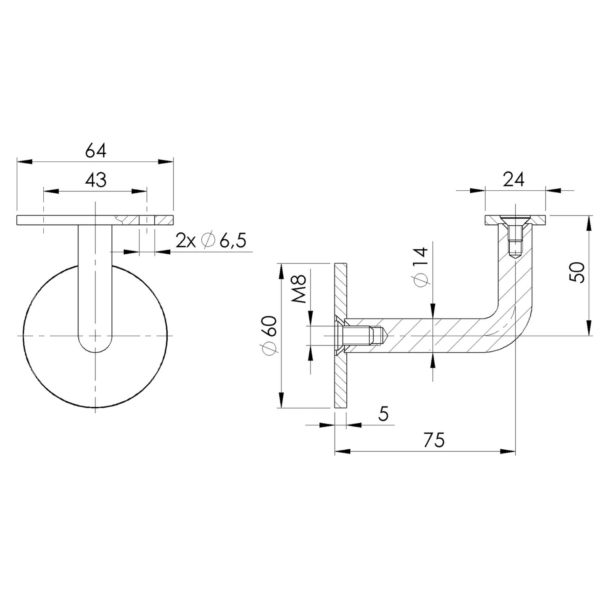Handlaufhalter V2A fuer Wandmontage geschliffen mit Halteplatte flach-11-7001-A.4