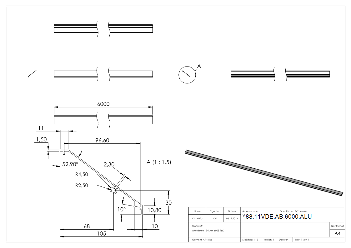 Abdeckung Aluminium L = 6000 mm eloxiert E4-EV1 fuer Vordach eleganza canopy-88-11VDE-AB-6000.ALU