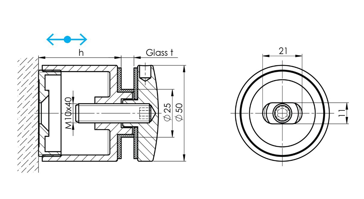 Glaspunkthalter Ø 52 mm- V2A- verstellbar- Anschluss- Flach-11-7005-A.4