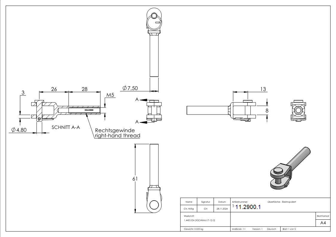 Gabelterminal mit Innengewinde rechts M5 V4A-11-2900.1