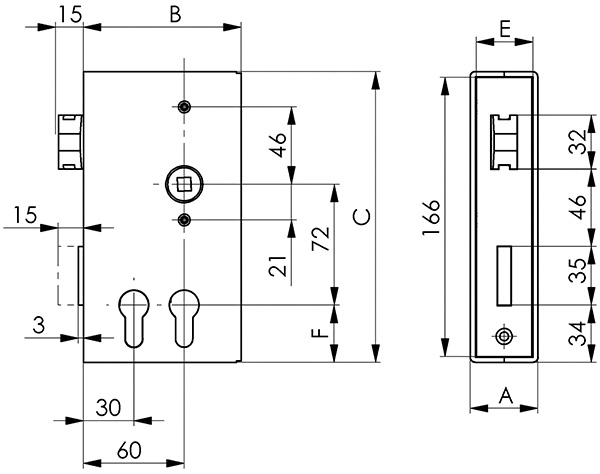 Schlosskasten - fuer 2 Profilzylinder - Masse- 40x94-5x173 mm - Stahl S235JR- roh - AMF Artikel- 14407-30-3351.8