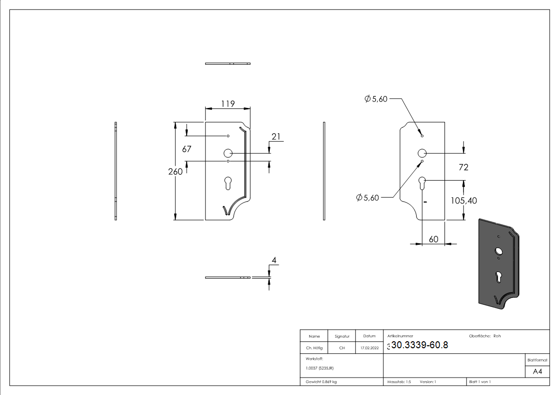 Schlossplatte rechts - Masse- 119x260x4 mm - Dorn- 60 mm - Stahl S235JR- roh-30-3339-60.8