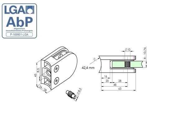 Glasklemme Edelstahl AISI 304 fuer Glas 8-10-76 mm Pfosten Ø 42-4 mm Glanz-89-11A2200042L-A.4