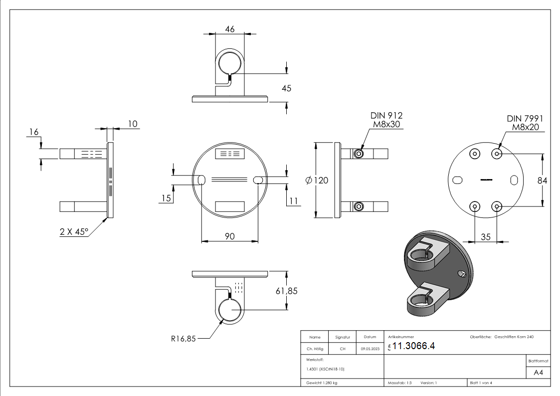 Wandbefestigung  Masse- 120x10 mm zum Spannen fuer Gelaenderpfosten Ø 33-7 mm - V2A-11-3066.4