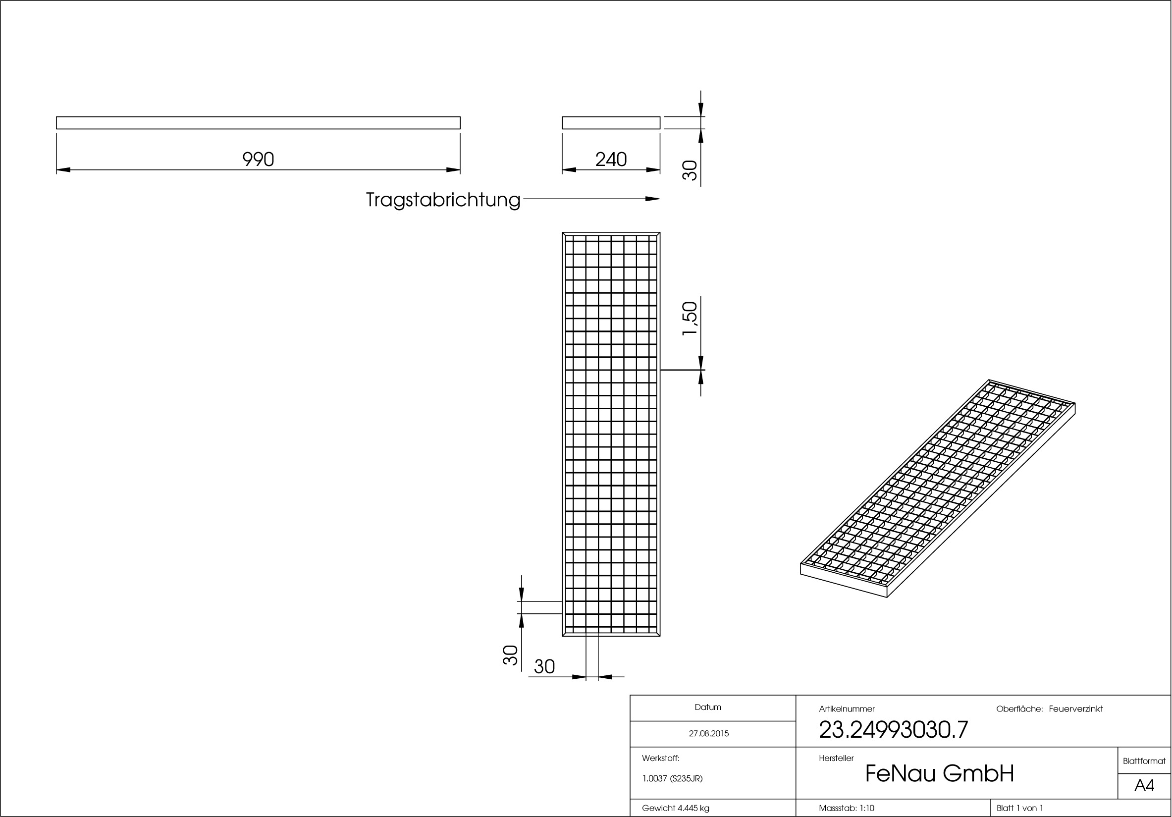 Garagen-Gitterrost - Mae-  240x990x30 mm 30-30 mm - aus S235JR -St37-2- im Vollbad feuerverzinkt-23-24993030.7