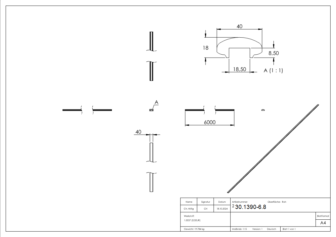 Handlauf 40x18 mm mit Nut 6000mm Stahl S235JR Profilrohr-30-1390-6.8