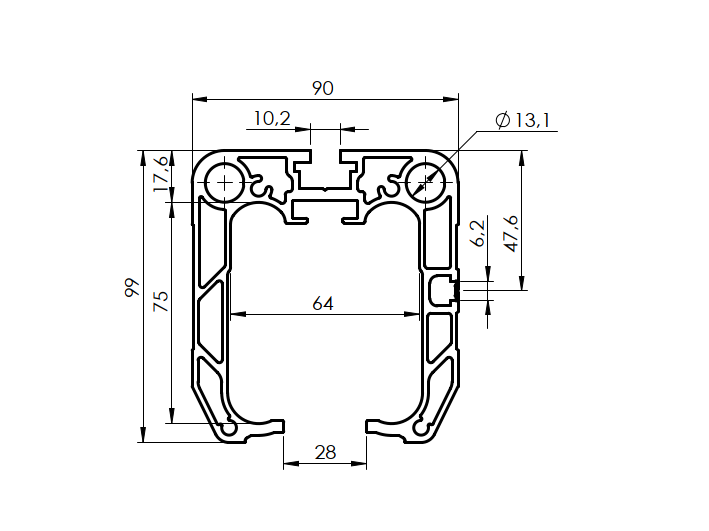 Fuehrungsprofil Aluminium 90 x 99 mm L = 7000 mm roh-89-11H0290X99AL7000-A.4