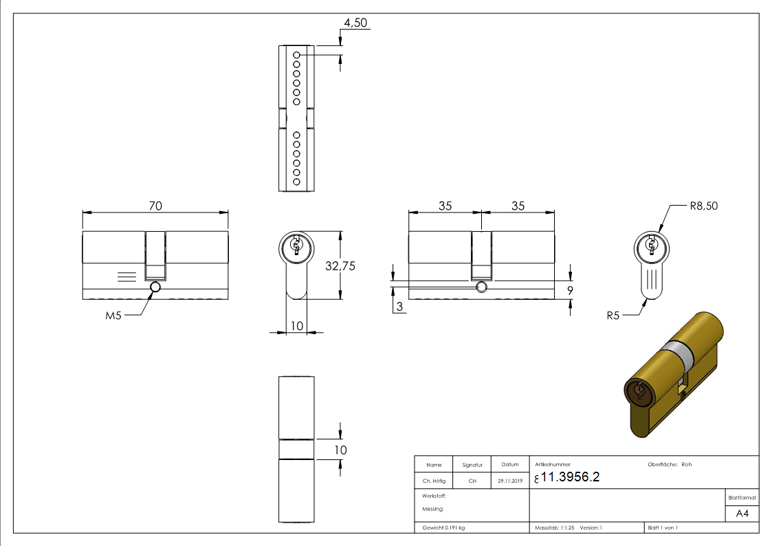 Zylinder Edelstahloptik 70 mm mit 3 Schluessel-11-3956.2