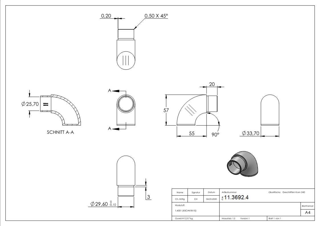 Endbogen V2A Ø 33-7 x 2-0 mm 90° flach-11-3692.4