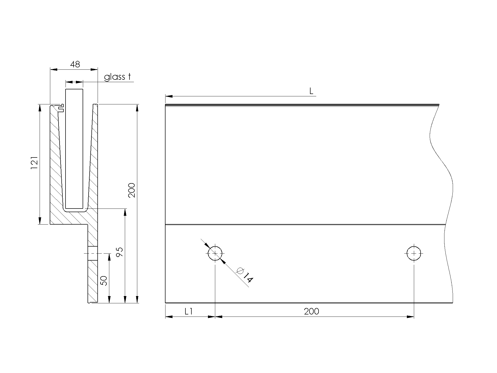 Ganzglasgelaenderprofil Aluminium 2500 mm fuer Glas 12-21-52 mm Seitenverankerung-89-11AL00112500NE-A.4