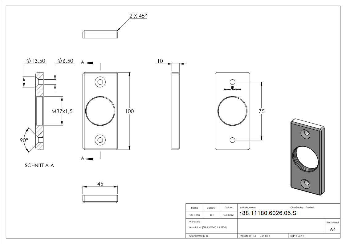 Montageplatte eckig 45 x 100 mm-88-11180-6026-05.S