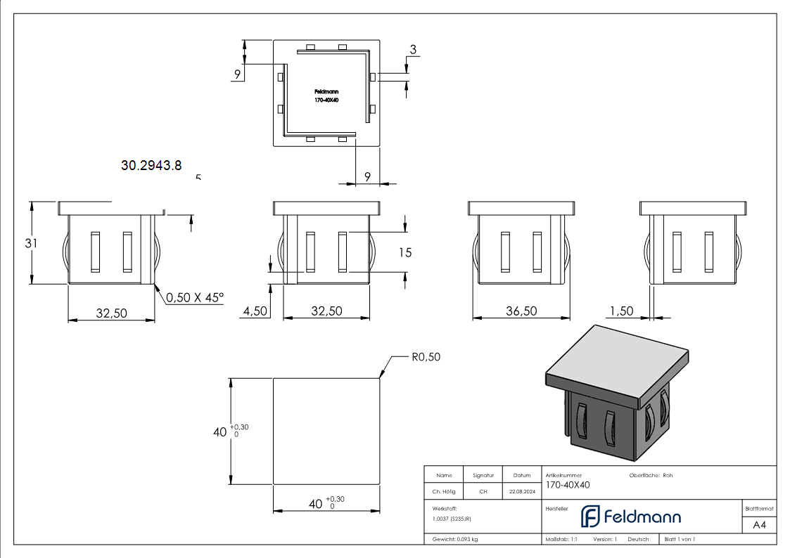 Stahlstopfen flach - fuer Rohr 40x40x2-0-3-0 mm - Stahl S235JR- roh-30-2943.8