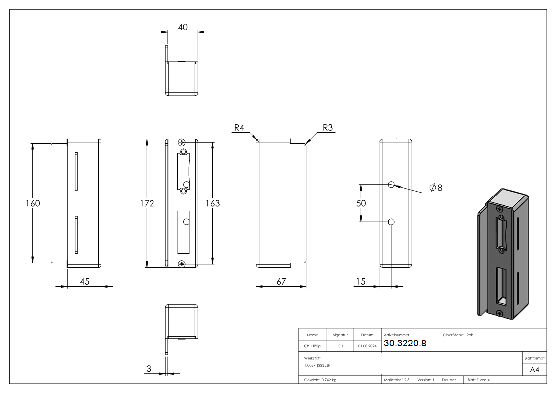 Schliesskasten Stahl S235 V2A fuer 40mm Schlosskasten anschweissbar E-Oeffner-30-3220.8
