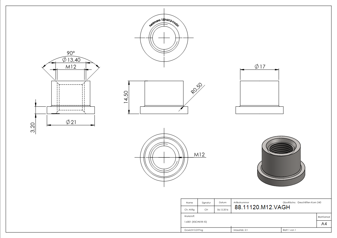 Gewindehuelse Edelstahl V2A M12 fuer Torband-88-11120-M12.VAGH