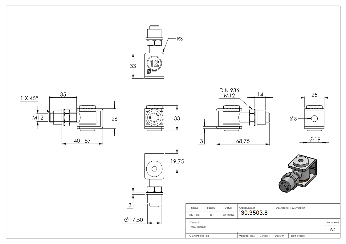 Torband M12 verstellbar schweissbar Stahl -roh- S235JR-30-3503.8
