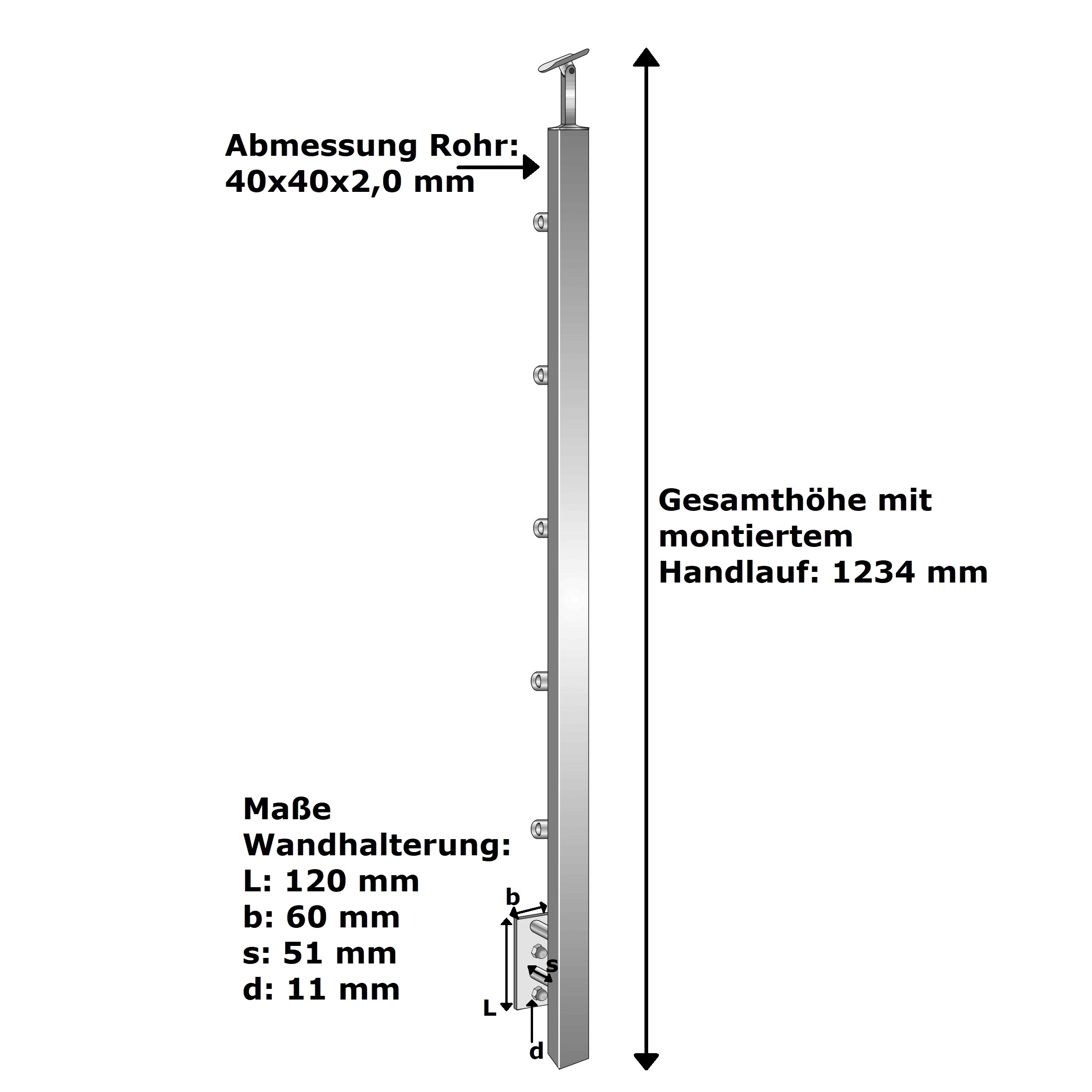 Gelaenderpfosten V2A 1000 mm 40x40 mm seitlich Treppe 5x Ø12 mm Fuellstabhalter-14-0086ER-A.4