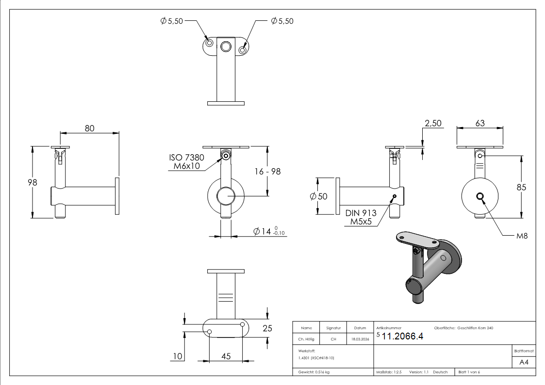 Handlaufhalter V2A Wandabstand 80 mm Ronde Ø 50 mm Gelenk flach-11-2066.4