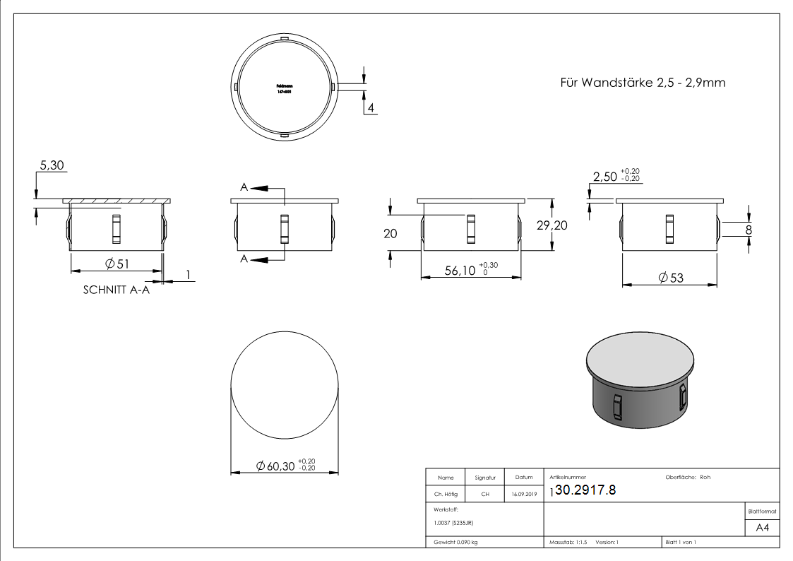 Stahlstopfen flach - fuer Rundrohr Ø 60-3x2-5-2-9 mm - Stahl S235JR- roh-30-2917.8