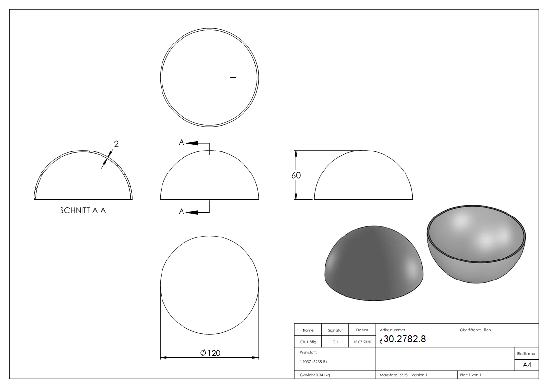 Halbhohlkugel Ø 120 mm - glatt - Stahl S235JR- roh-30-2782.8