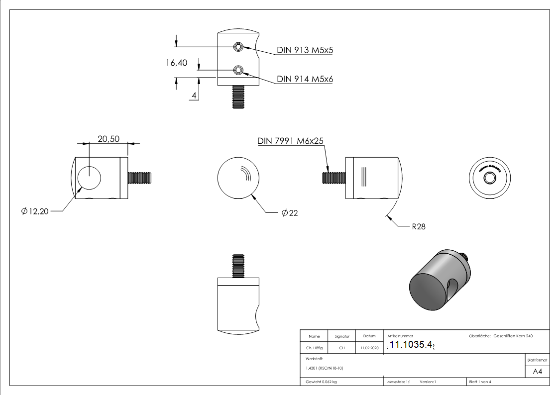 Querstabhalter V2A Edelstahl – Anschluss FLACH passend fuer Rundstaebe 12 mm mit Sackloch Abschluss rechts inkl- Schrauben-11-1035.4