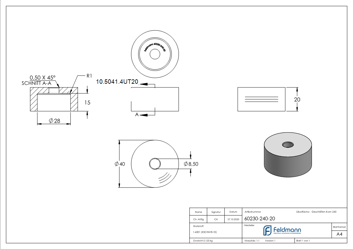Glaspunkthalter-Unterteil Ø 40 mm- V2A- Hoehe- 20 mm-10-5041.4UT20
